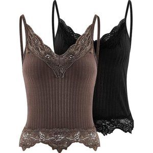 2 Pcs Y2K Women Lace Cropped Cami Ribbed Knitted Tank Tops